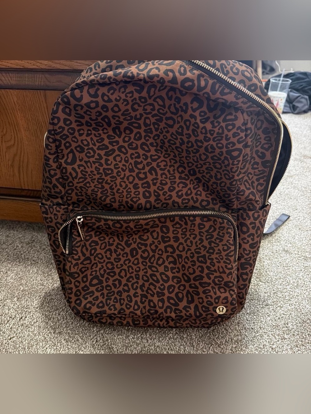 lululemon athletica Brown Leopard Print Men's Backpack with Gold Hardware